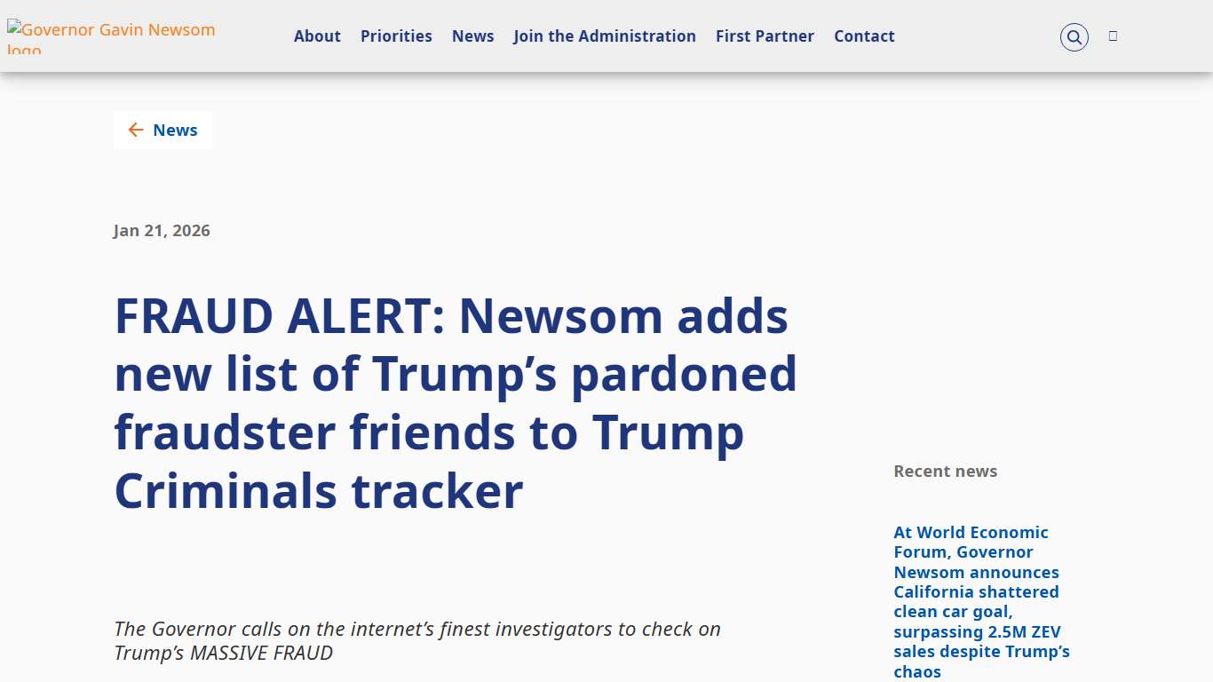 FRAUD ALERT: Newsom adds new list of Trump’s pardoned fraudster friends to Trump Criminals tracker Governor of California